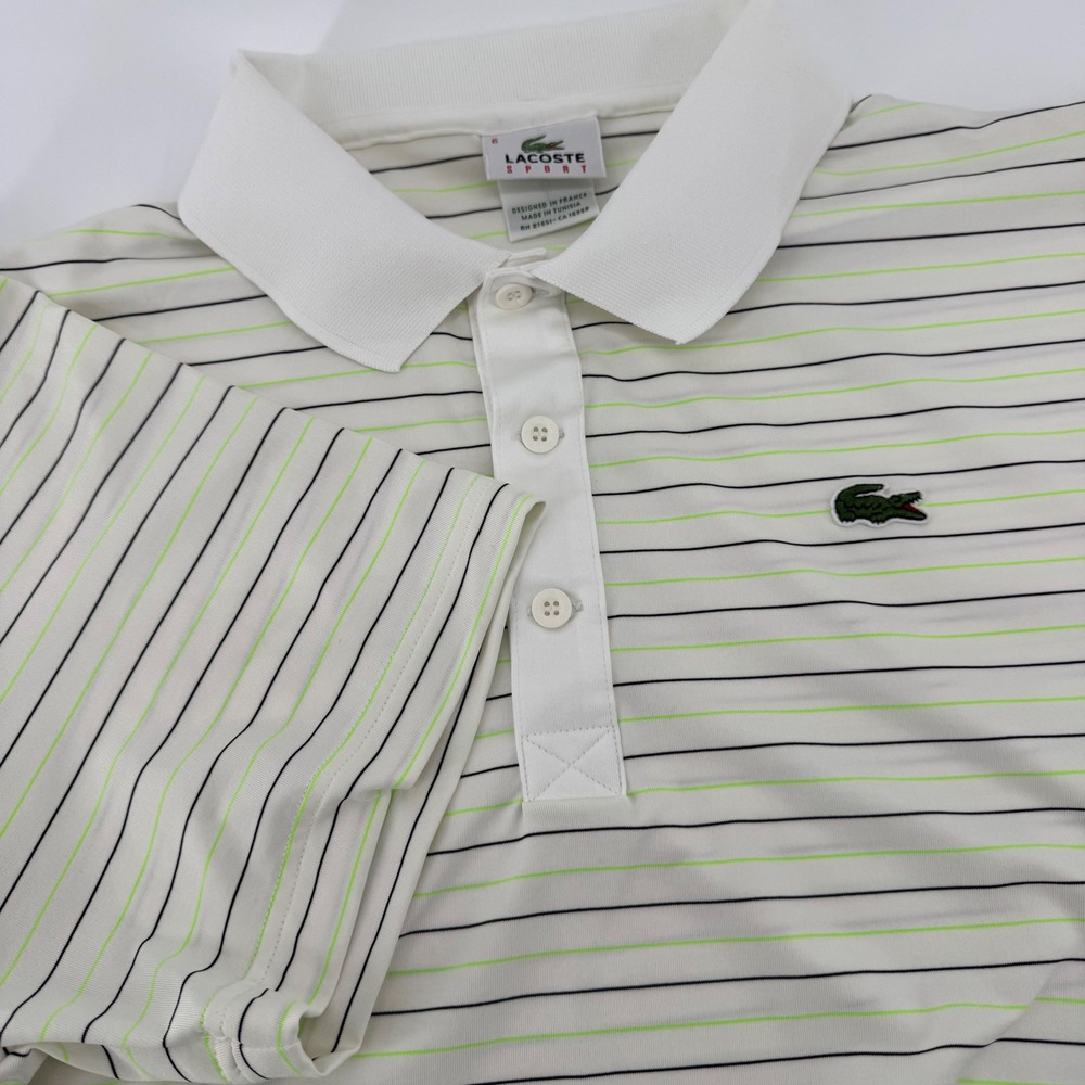 Lacoste Sport Mens White Striped Polo Shirt Lime Green Black Size 6 XL Large